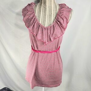 Three Seasons Maternity Pink Grey Striped Ruffle Neckline Sleeveless Top Medium